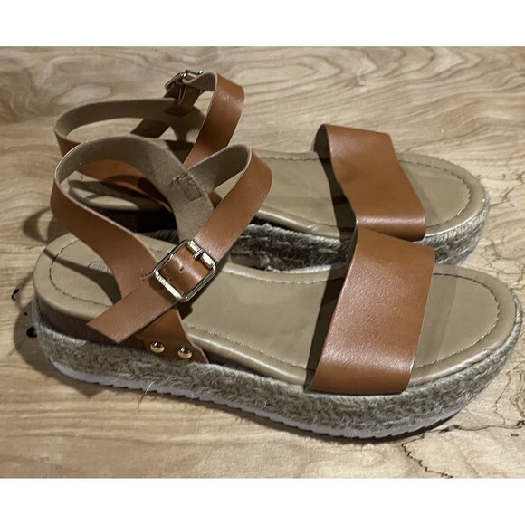 FOREVER 21 Brown Suede Wedge Platform Jute Strap Sandals Open Toe Women Sz 6.5 - Picture 2 of 10